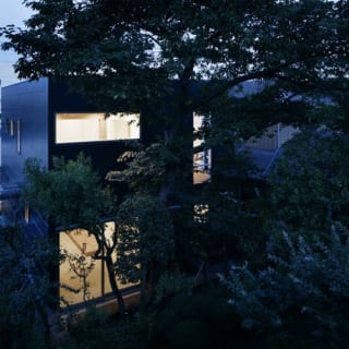 夜の外観／隣の実家の庭から見た夜のS邸。土間の明かりが桜の木のあたりにほどよく漏れ、高級感あふれる佇まい