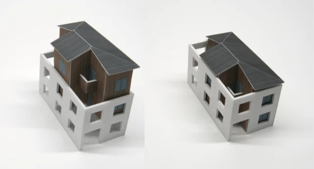 コンクリートの耐火外壁に囲まれたマス内に、「ト」の字形の木造建物を建てる構想イメージ