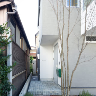 玄関へのアプローチは小さな石を張り、石畳風に仕上げた。シンボルツリーはかわいい花が咲くヤマボウシ