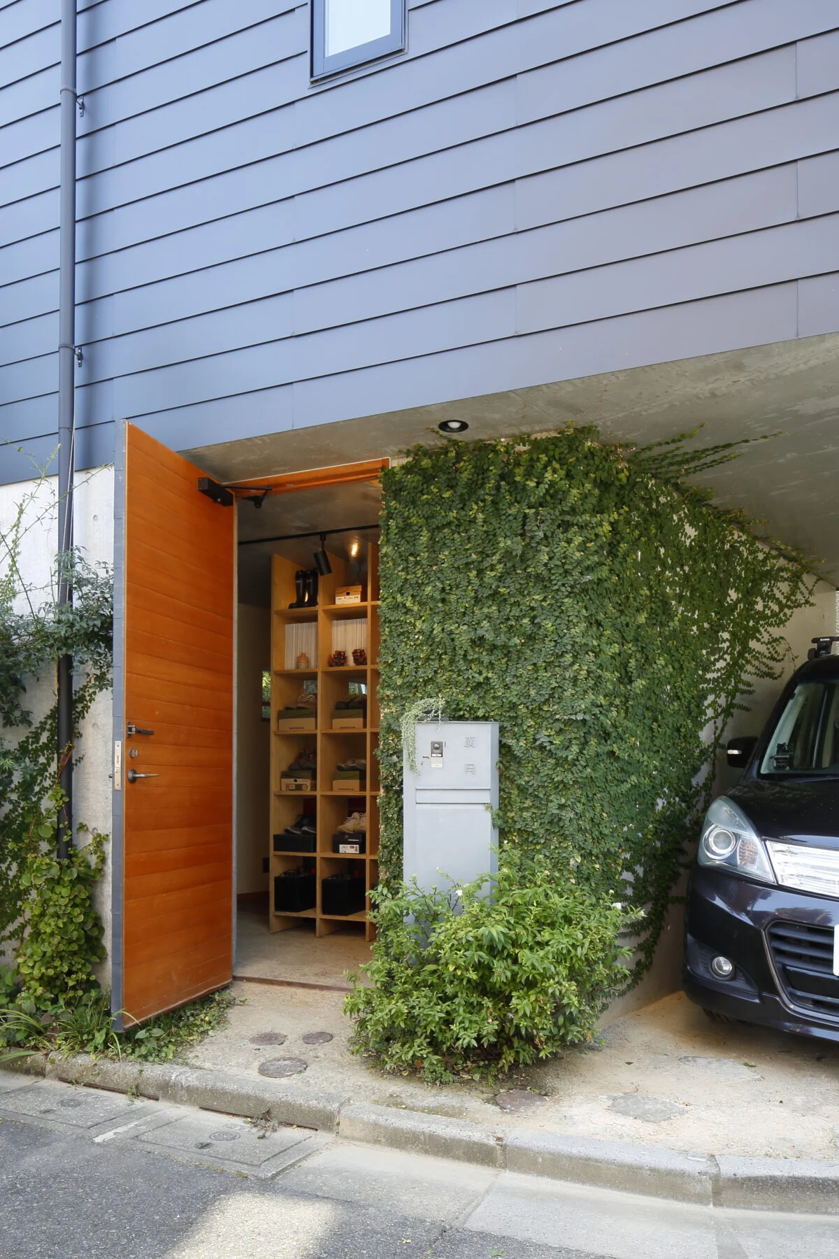 エントランスには、この４年で植物が壁を這うように成長した