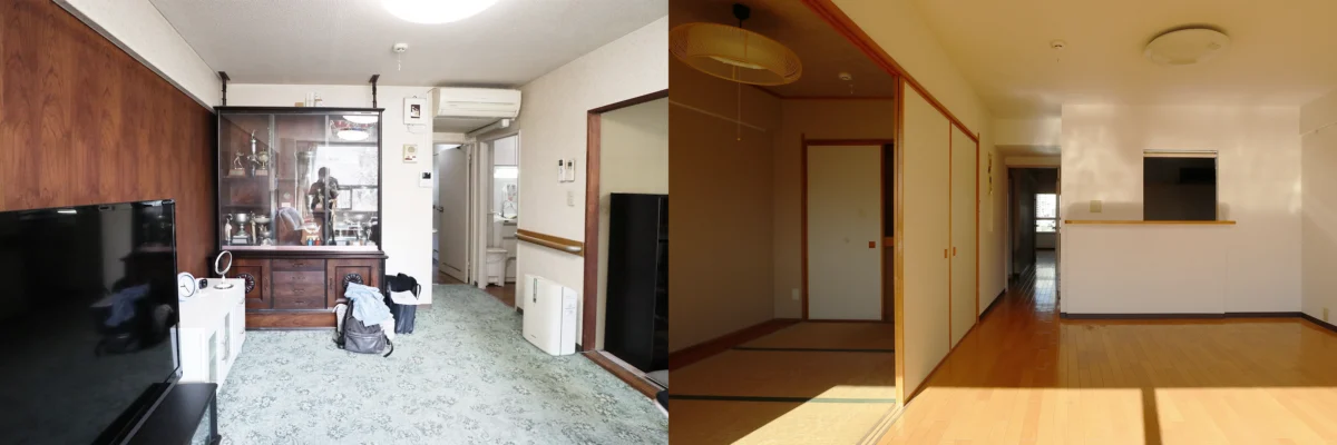 建物竣工当時の同等別住戸の様子（左）と、約20年前に改修された蟻川邸の間取りの様子。
それぞれ当時のモダンを体現した室内となっていた
