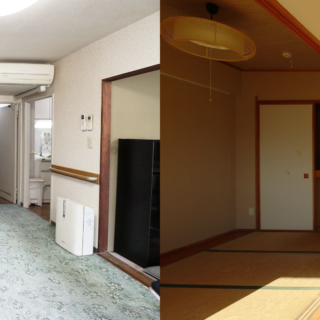建物竣工当時の同等別住戸の様子（左）と、約20年前に改修された蟻川邸の間取りの様子。
それぞれ当時のモダンを体現した室内となっていた