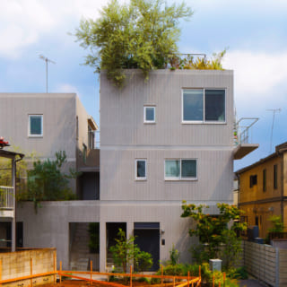 旗竿地に立つ集合住宅だが、住戸の間につくったすき間を庭とする設計により「全住戸庭付き」を実現。住戸をずらして配しているため上階の住戸は4面採光、下階でも3面から光を採れている。どの住戸も複数の方角から光が入って風も通り、自然の力で快適に過ごせる住まいとなった
