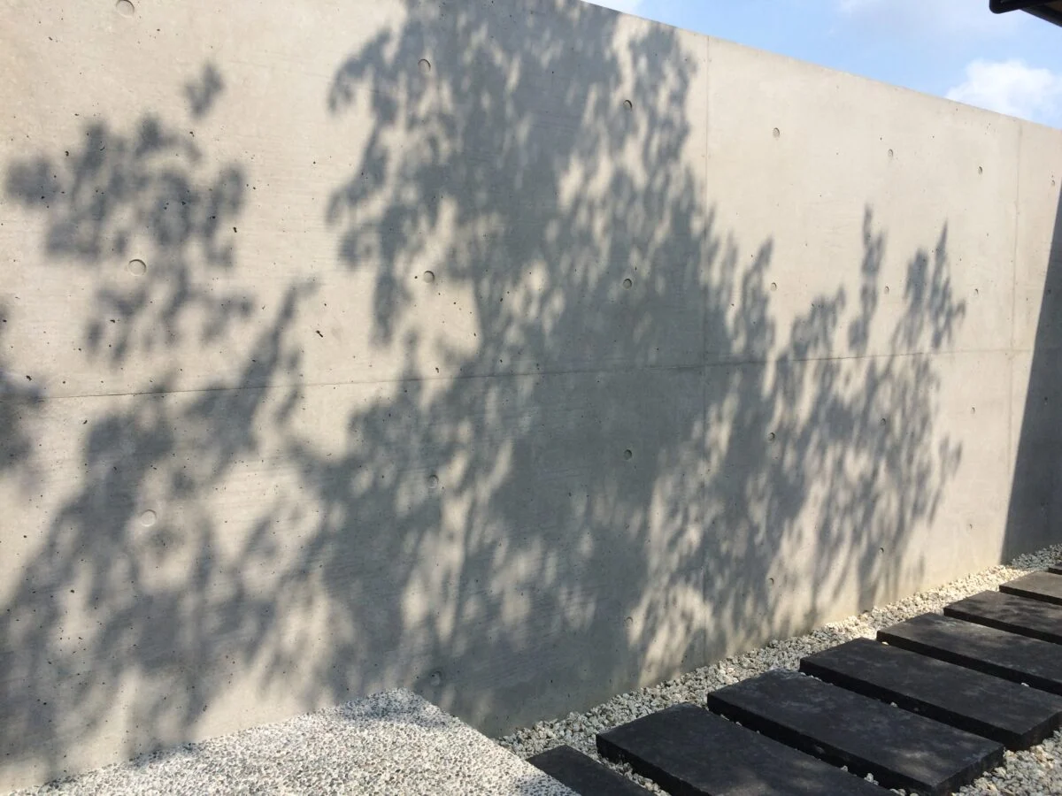太陽が西に傾くと、中庭に植えられた紅葉がコンクリート壁に影を落とす。とてもステキな“アート”だ