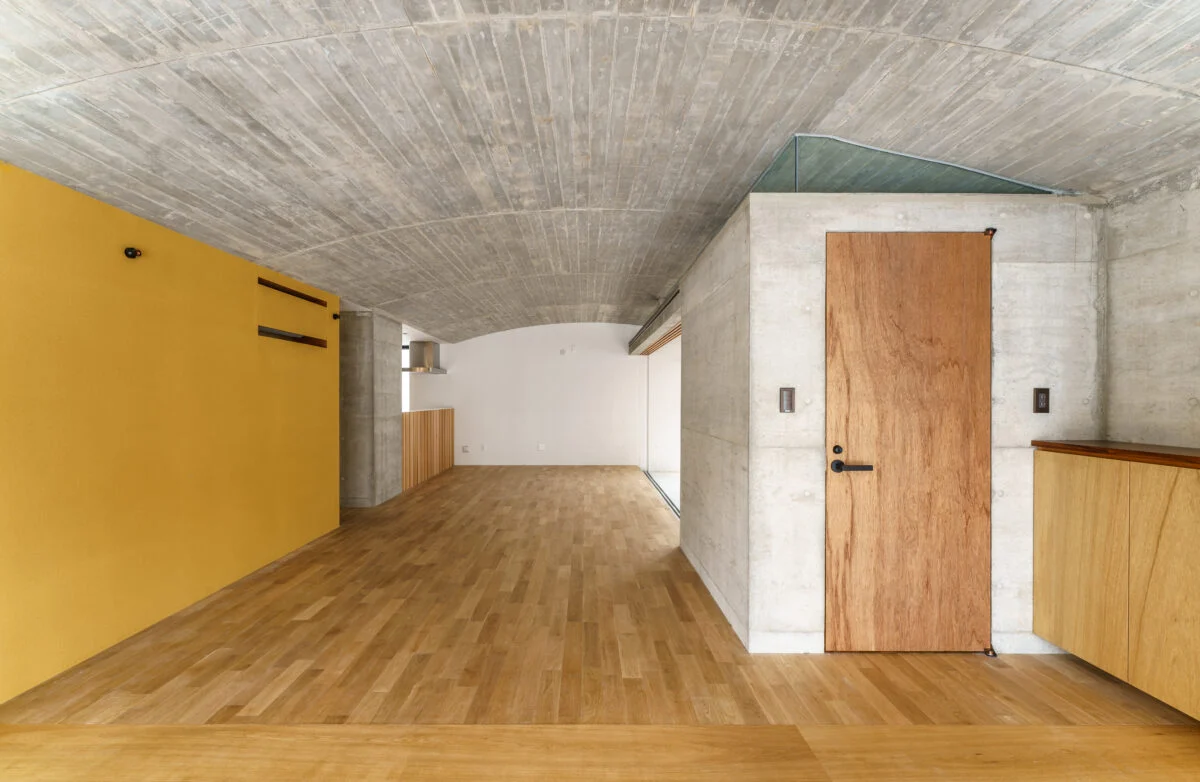 １階、玄関から生活空間を見る。右の扉はトイレへ続く。緩やかなアールを描く天井を生かすため、天井には照明器具を取り付けなかった。画像右奥のテラスの外へと天井は続く。左側壁面の親しみが感じられる黄色は、沖縄の土由来のものだという
