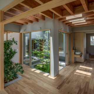 中庭をぐるりと取り囲むように部屋が並ぶ林邸。室内にも植栽があるなど、どこを見ても緑が目に入ってくる