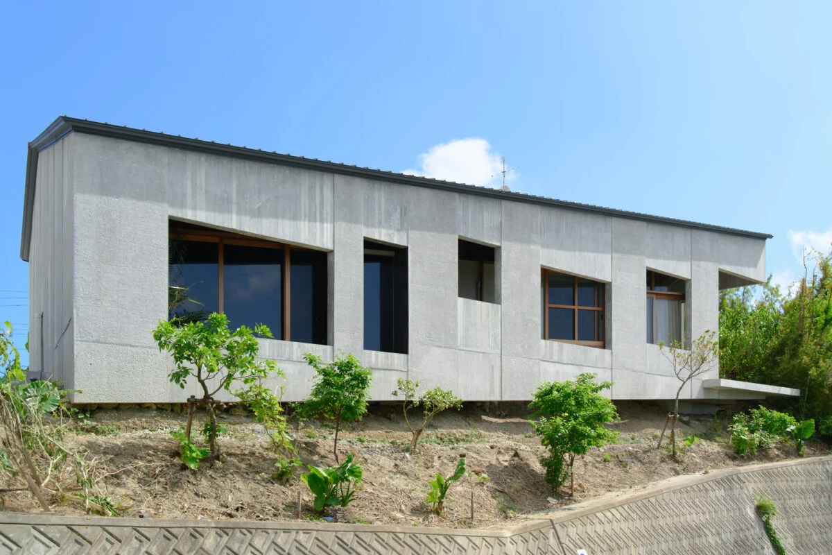 斜面側の外観。ツルガジュマルが植栽されており、3年くらい建つと建物が半分くらい覆われ、植物の上に建物が浮いているようなイメージになる