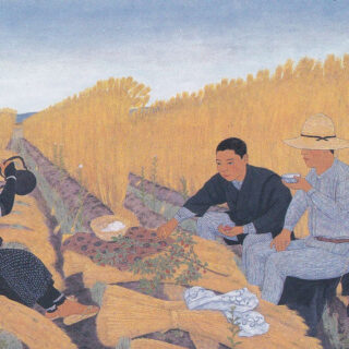 栗東の人々の、かつての暮らしを物語る絵画。農作業の合間に畝に腰かけてお茶を飲み、休憩する姿が描かれている。北村さんはこの原風景に着想を得て、「家族や友人が横並びで座ってくつろげる、長いベンチのあるLDK」をプランニングした
※引用画像：『春秋』西田恵泉画「民誌・綣の歴史と文化」綣の歴史と文化編集委員会編集