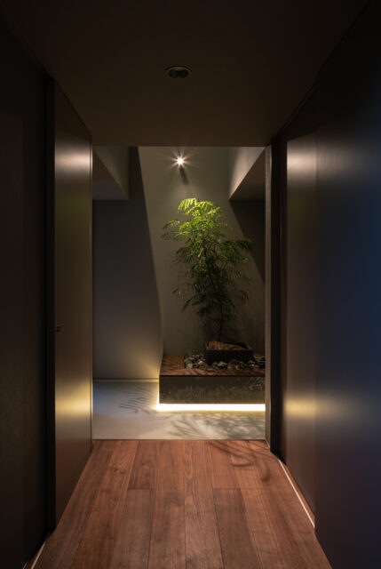 夜になり、植栽がライトアップされた玄関はまさにお店のような雰囲気に。
