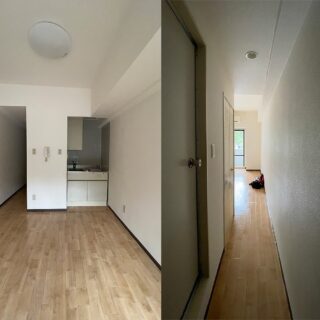 従前の部屋の様子。ユニットバスにミニキッチンという典型的な１Rだった