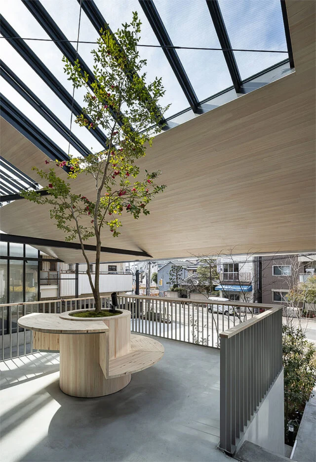 中二階に設けられた木漏れ日テラス。天窓からの光が植栽を柔らかく照らす。社員や訪れた人がホッと一息。
