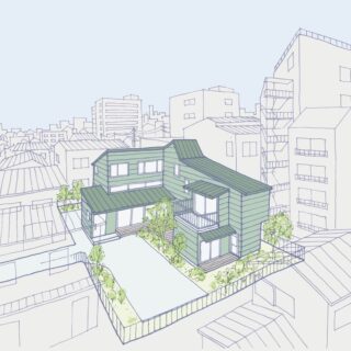 共同設計者のヤマダアトリエ・山田さんが描いた「谷の家」のスケッチ。敷地は西側（画像左）の細い路地から入る旗竿地。南北西には戸建て住宅があり、用途地域の境界を挟んだ東側（画像右）には高さのあるマンションが複数棟立っている
