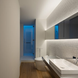 洗面もトイレも閉じていない空間。壁にはFさんが選んだ六角形のタイル。突き当たりのシャワーブースに落ちる青い光は、照明ではなく天窓から入る自然光