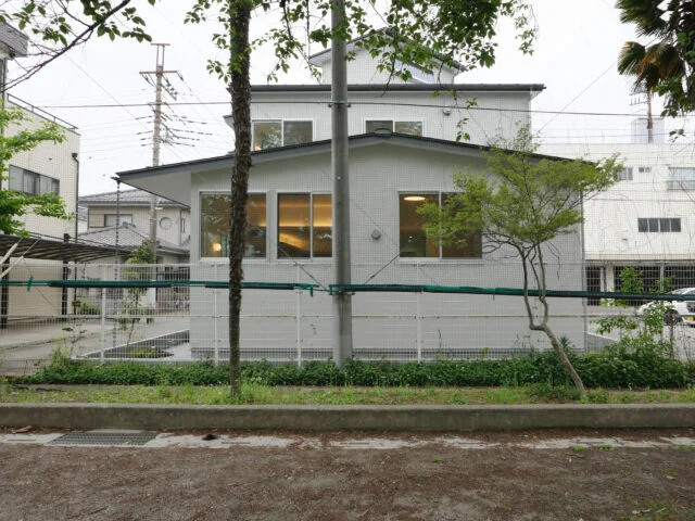 東側の校庭から見たN邸。手前に立つのが、借景として取り込んだ桜の木。1階の窓が高い位置にあることも見て取れる